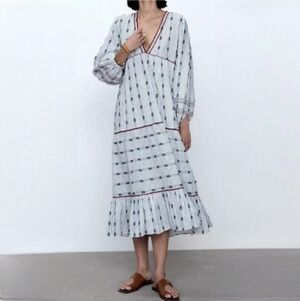 ZARA Blue White Deep Vneck Striped Tiered Ruffle Long Maxi Dress